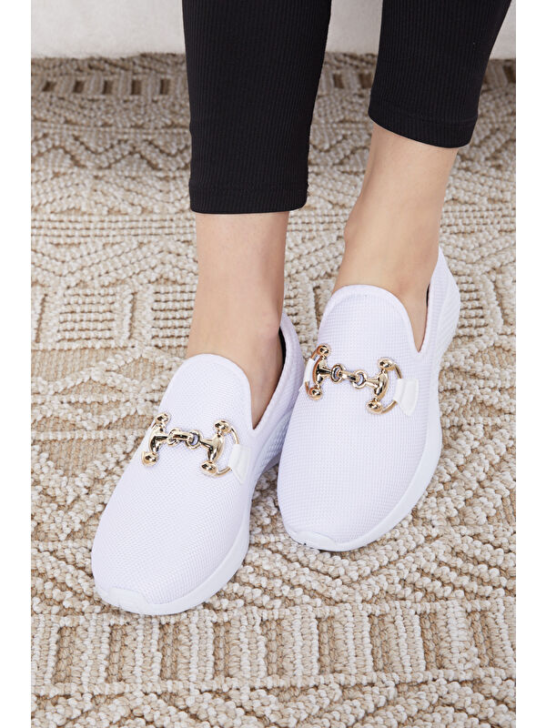 Kadın Beyaz Tokalı File Spor Ayakkabı - 27093 - Görsel 4