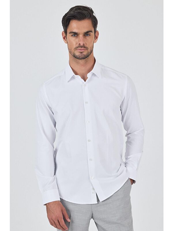 İMZA Beyaz Sert Yaka Düz Classic Pamuklu Slim Fit Gömlek 1004250900