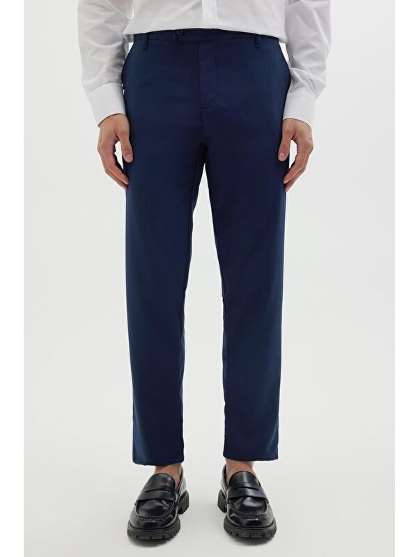 TUDORS Erkek Slim Fit Dar Kesim Esnek Yan Cepli Bilek Boy Canvas Kesim Lacivert Pantolon