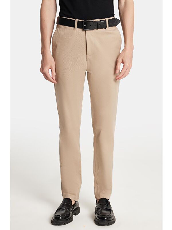 TUDORS Erkek Slim Fit Chino Esnek Yandan Cepli Önü Fermuarlı Pamuklu Dokulu Bej Pantolon