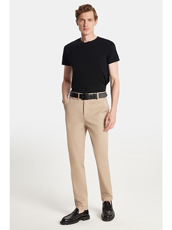 TUDORS Erkek Slim Fit Chino Esnek Yandan Cepli Önü Fermuarlı Pamuklu Dokulu Bej Pantolon