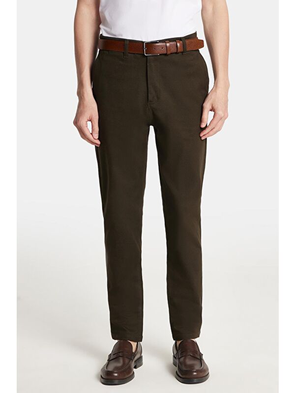 TUDORS Erkek Slim Fit Chino Esnek Yandan Cepli Önü Fermuarlı Pamuklu Dokulu Haki Pantolon
