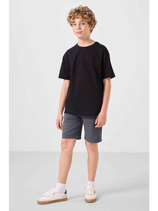 Tommylife Siyah-Gri Pamuklu Oversize Fit Dokuma Hafif Esnek Chino Erkek Çocuk Şort Takım - 11277
