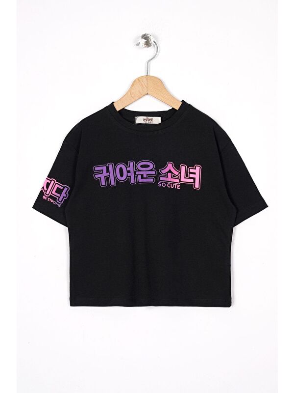 Zepkids Bisiklet Yaka Baskılı Siyah Renk Kız Çocuk Tshirt