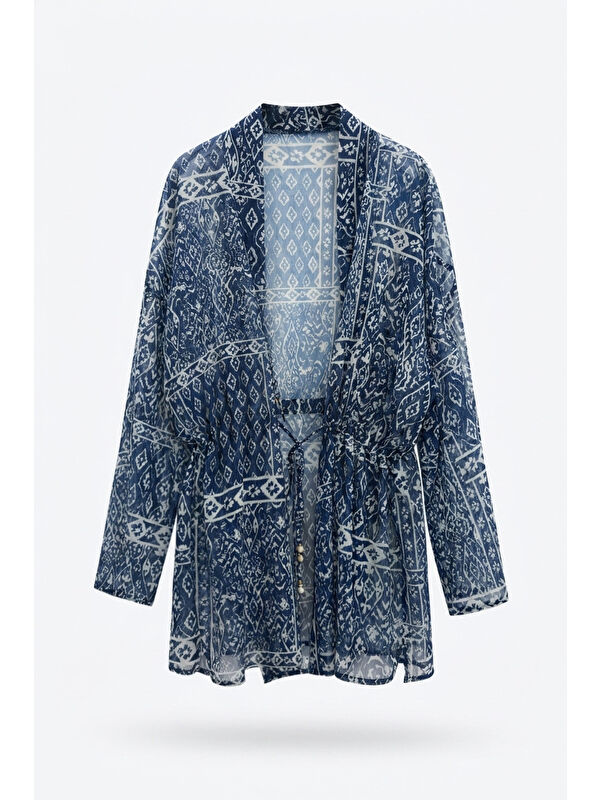 QUZU Etnik Desenli Beli Bağlamalı Kısa Kimono Lacivert