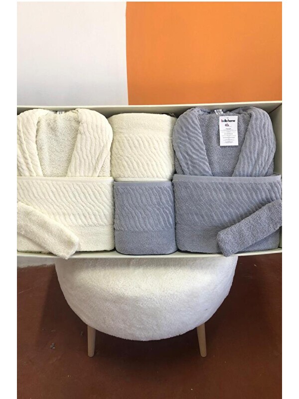 Çeyiz Diyarı Zebra 8 Parça Aile Bornoz Takımı Krem - Gri