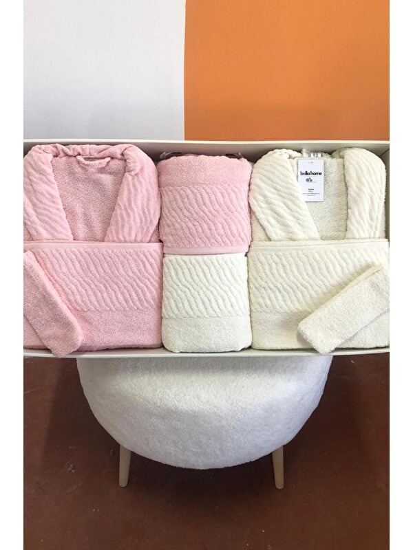 Çeyiz Diyarı Zebra 8 Parça Aile Bornoz Takımı Pembe - Krem