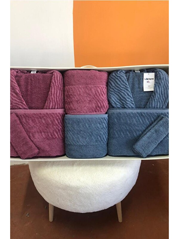 Çeyiz Diyarı Zebra 8 Parça Aile Bornoz Takımı Mürdüm - İndigo