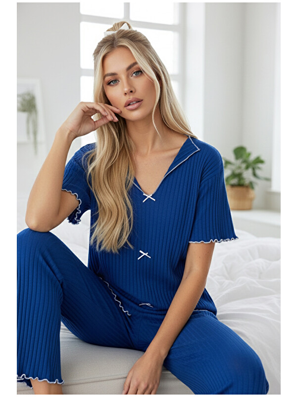 Siyah İnci saks Mevsimlik İnce Fiyonklu Pijama Takım7879