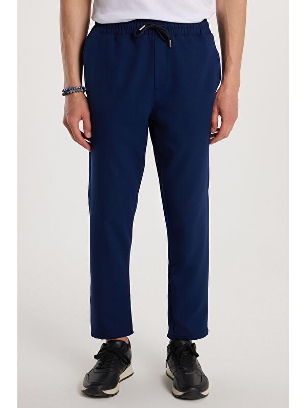 TUDORS Erkek Regular Fit Beli Regular Fit Lastikli Bağcıklı Jogger Lacivert Pantolon Rahat Kesim Yan Cepli