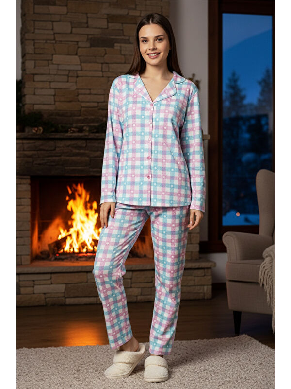 Remsa Kadın Ekose Desen Önü Düğmeli Suprem Pijama Takımı 0549 Beyaz01