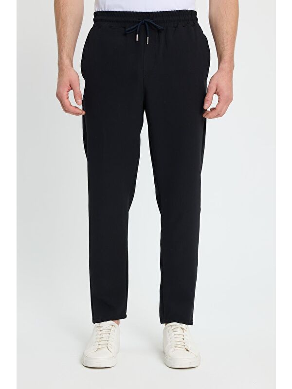 TUDORS Erkek Regular Fit Beli Lastikli Bağcıklı Jogger Siyah Pantolon Rahat Kesim Yan Cepli