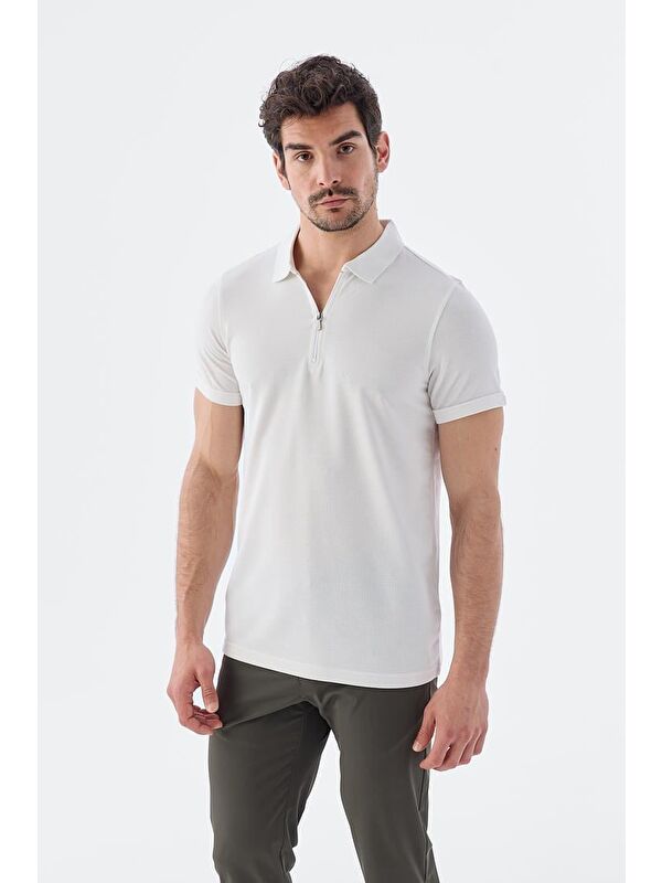 JAKAMEN Ekru Fermuarlı Slim Fit Polo Yaka T-Shirt