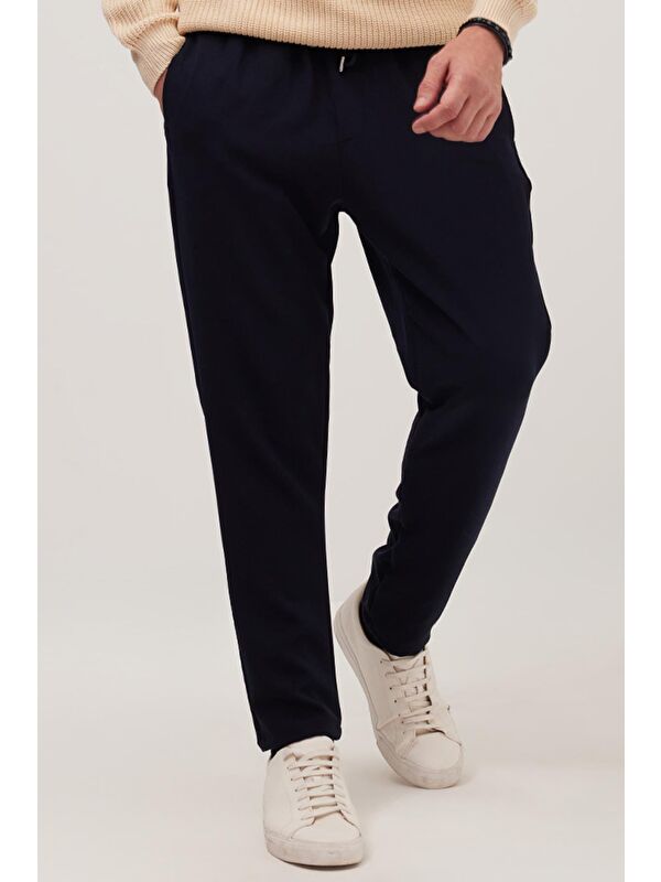 TUDORS Erkek Regular Fit Beli Lastikli Bağcıklı Jogger Lacivert Pantolon Rahat Kesim Yan Cepli