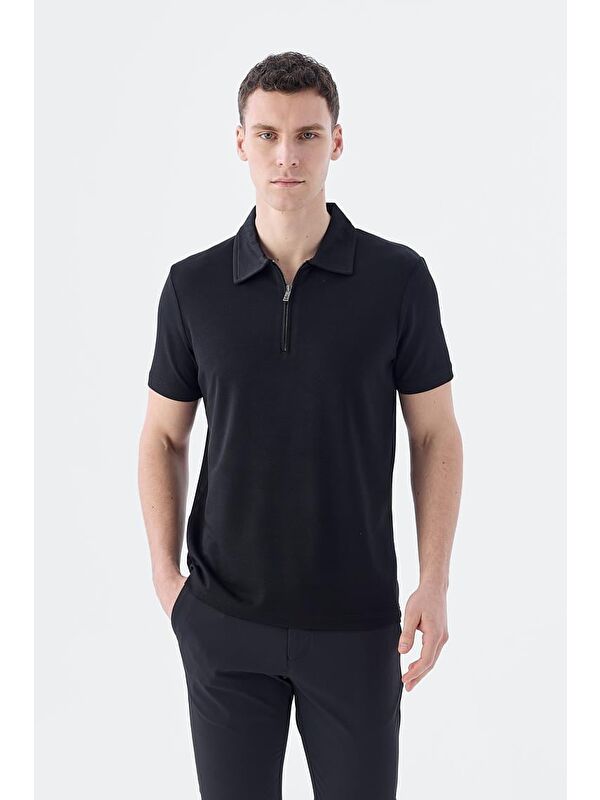 JAKAMEN Siyah Slim Fit Apaş Yaka T-Shirt