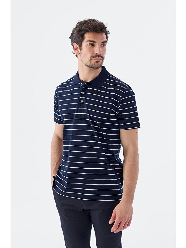 JAKAMEN Lacivert Slim Fit Çizgili %100 Pamuk Polo Yaka T-Shirt