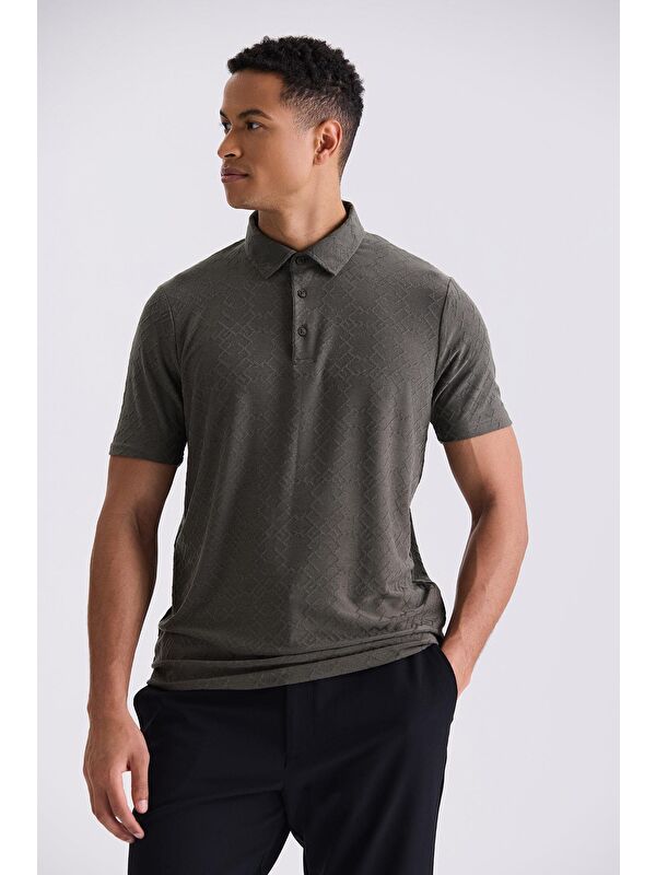 JAKAMEN Haki Slim Fit Desenli Polo Yaka T-Shirt