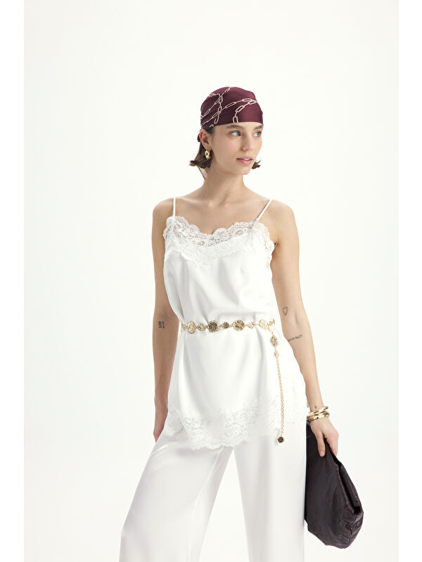Mai Collection Maris Dantel Detay Beyaz Saten Pantolon Takım