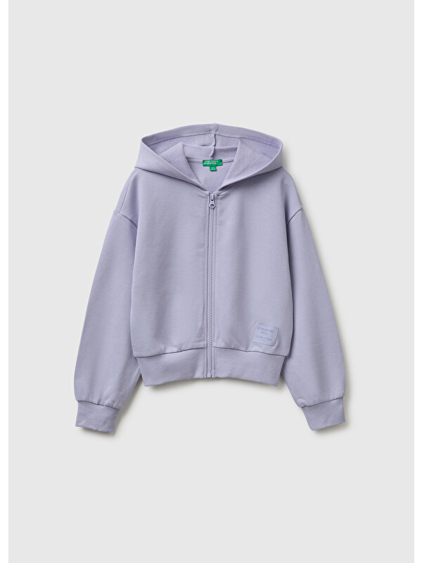 United Colors Of Benetton Kız Çocuk Lila Ribanalı Kapüşonlu Fermuarlı Sweatshirt