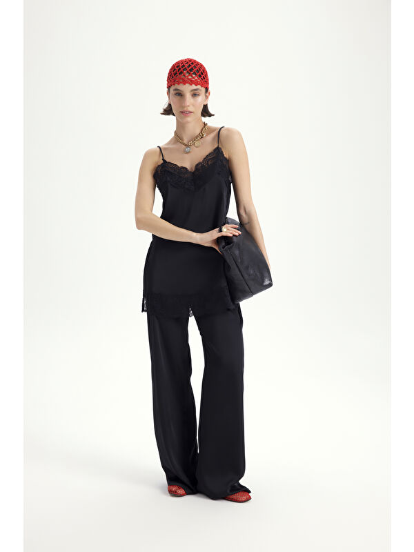 Mai Collection Maris Dantel Detay Siyah Saten Pantolon Takım