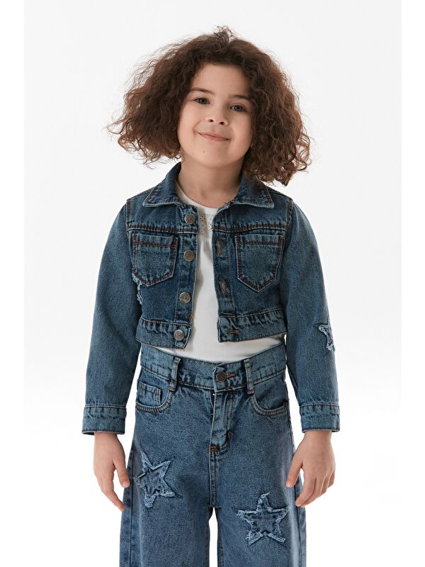 Fullamoda Yıldız Nakışlı Kız Çocuk Crop Jean Ceket