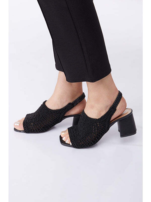 Kadın Siyah Topuklu Nakışlı Sandelet - 27154 - Görsel 3