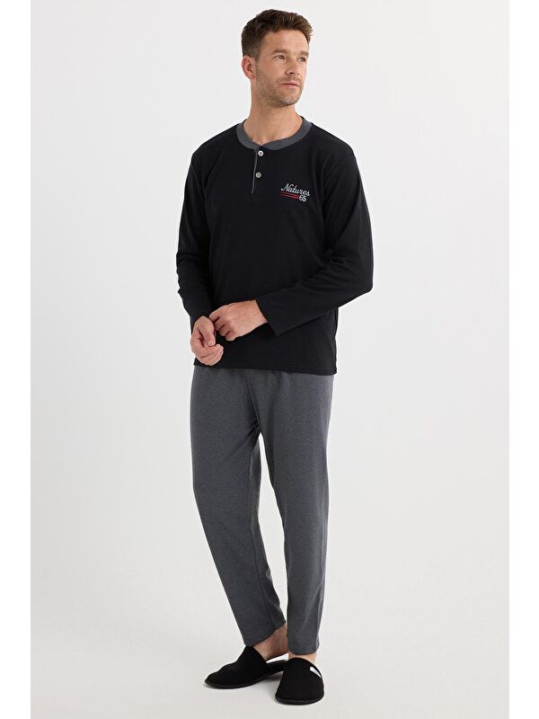 TUDORS Erkek Regular Fit Pamuklu Düğmeli Yaka Beli Lastikli Desenli Gri Pijama Takımı