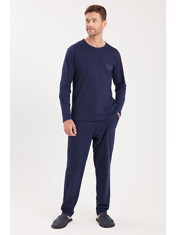 TUDORS Erkek Standart Fit %100 Pamuk Bisiklet Yaka Beli Lastikli Lacivert Pijama Takımı
