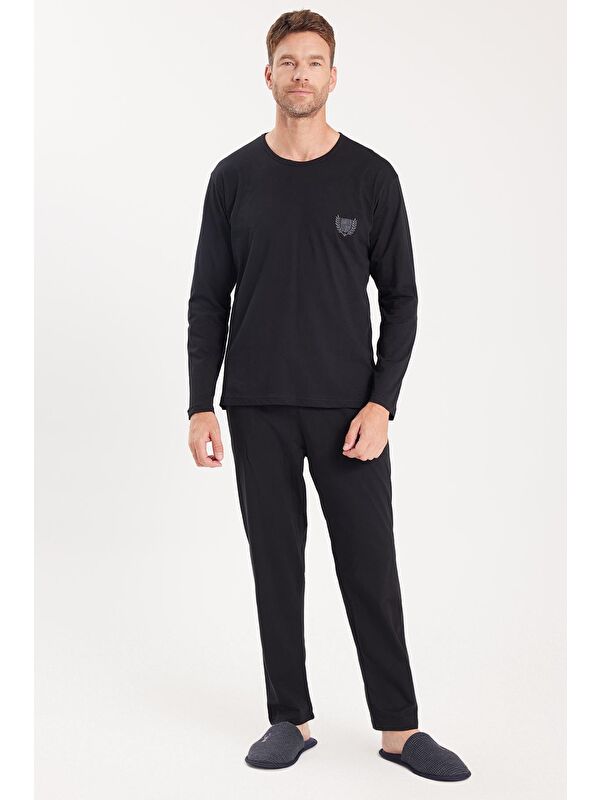 TUDORS Erkek Standart Fit %100 Pamuk Bisiklet Yaka Beli Lastikli Siyah Pijama Takımı
