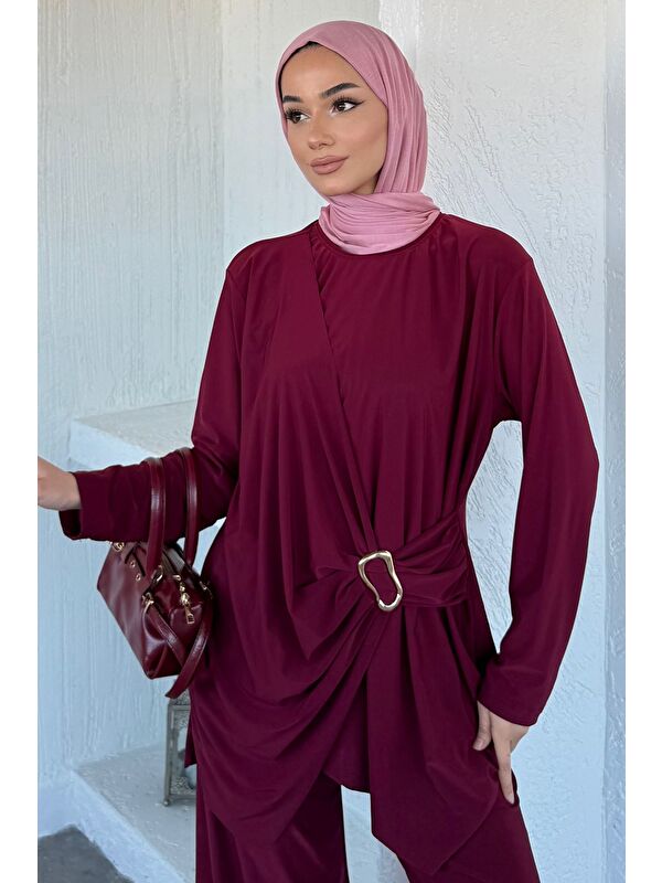 Julude Bel Lastikli Pantolon Gold Tokalı Tunik Tesettür İkili Takım