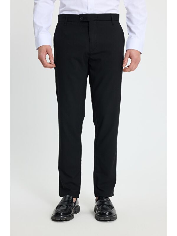 TUDORS Erkek Slim Fit Dar Kesim Esnek Yan Cepli Bilek Boy Canvas Kesim Siyah Pantolon