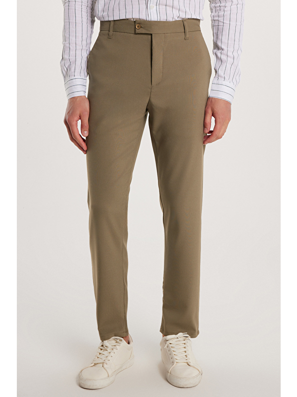 TUDORS Erkek Slim Fit Dar Kesim Esnek Yan Cepli Bilek Boy Canvas Kesim Açık Haki Pantolon