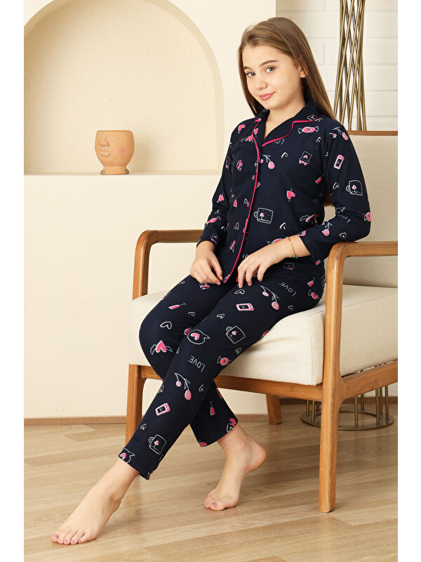 Modanino Kız Çocuk Pat Yakalı-Baskılı ve Düğme Kapamalı-%100 Pamuk Pijama Takımı 12352