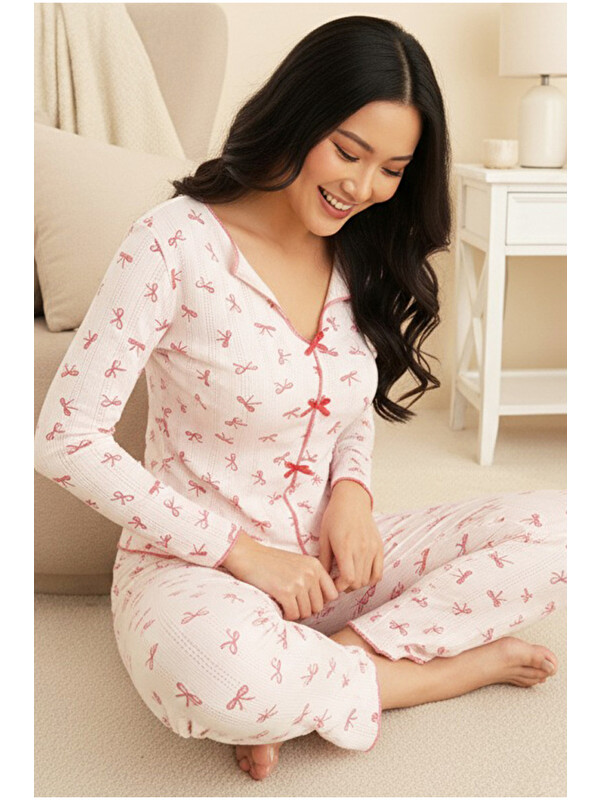 Siyah İnci pembe Pamuklu Fiyonk Detaylı Ajurlu Delikli Örme Pijama Takım7927-4