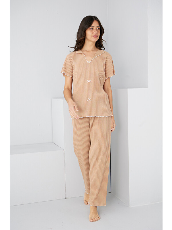 Siyah İnci sütlü kahve Mevsimlik İnce Fiyonklu Pijama Takım7879