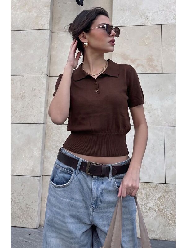 Madmext Kahverengi Slim Fit Polo Yaka Triko Tişört Mg2805