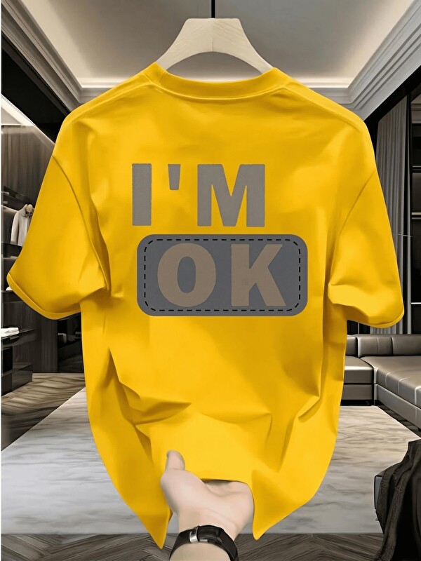 Oksit Unisex "I'M OK" Baskılı Oversize Pamuklu Tişört - Özel Tasarım Patch Detaylı