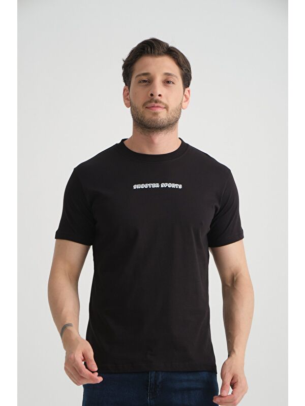 Shooter Sportswear Siyah Erkek Bisiklet Yaka Tişört Premium Pamuklu Yüksek Kalite Regular Fit