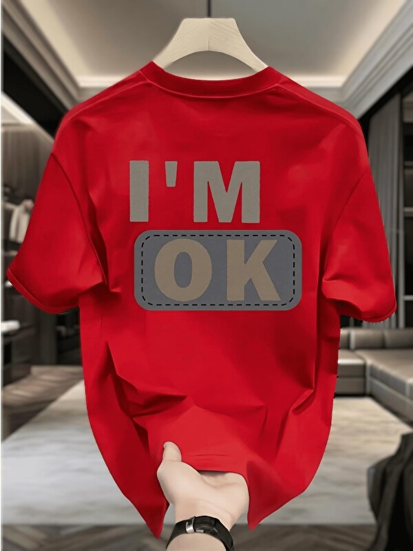 Oksit Unisex "I'M OK" Baskılı Oversize Pamuklu Tişört - Özel Tasarım Patch Detaylı