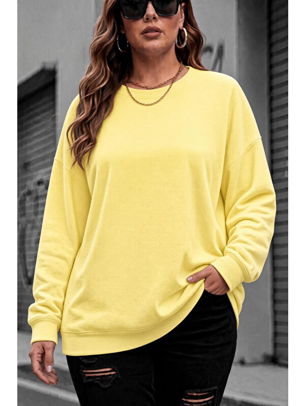 Oksit Uly Kadın Büyük Beden Battal Basic Bisiklet Yaka İki İplik Pamuklu Sweatshirt Rahat Kesim Unisex Sev