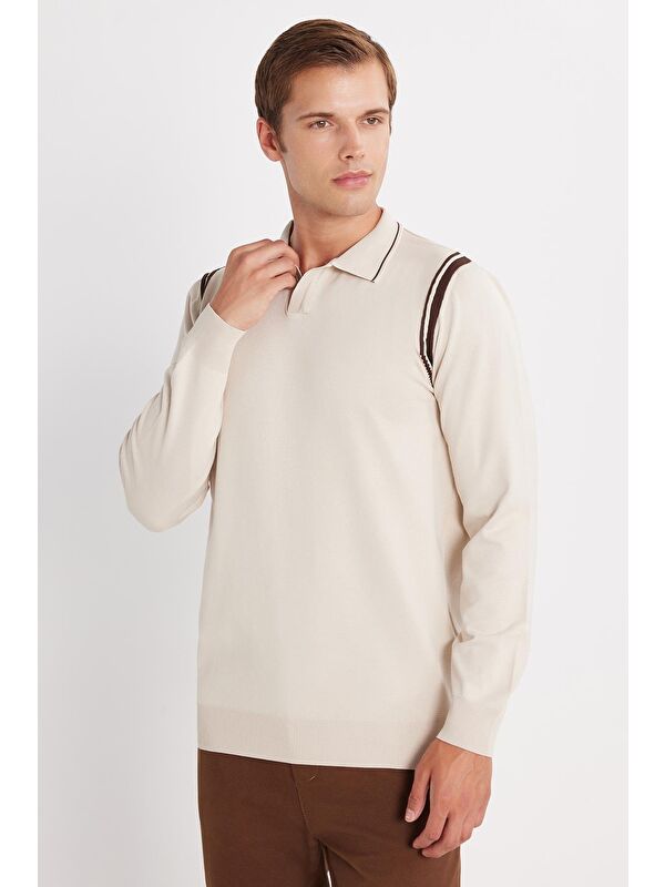 TUDORS Erkek Slim Fit Dar Kesim Uzun Kol Polo Yaka Çizgili Taş Kazak