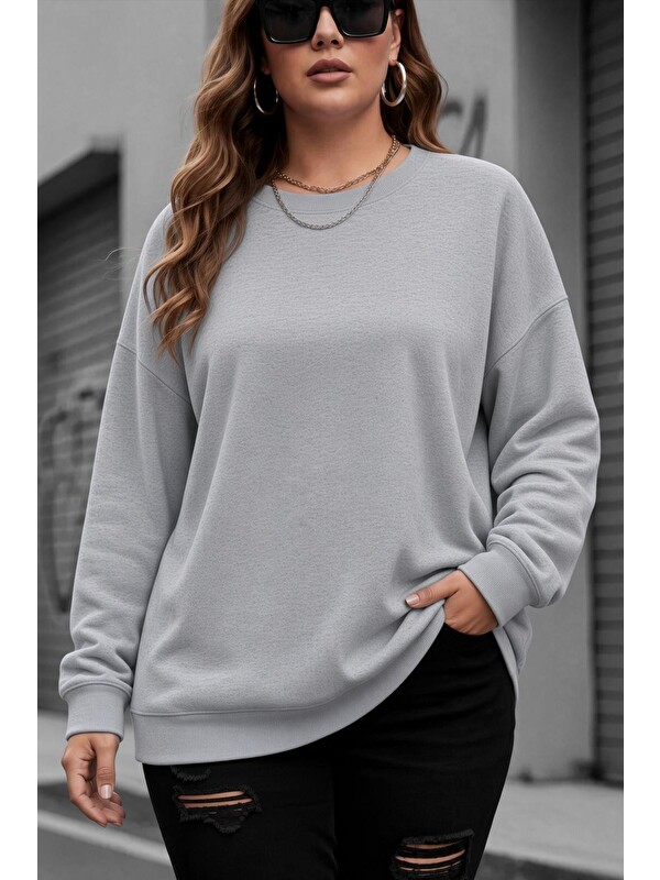 Oksit Uly Kadın Büyük Beden Battal Basic Bisiklet Yaka İki İplik Pamuklu Sweatshirt Rahat Kesim Unisex Sev