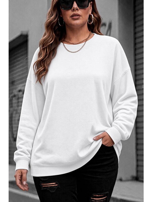 Oksit Uly Kadın Büyük Beden Battal Basic Bisiklet Yaka İki İplik Pamuklu Sweatshirt Rahat Kesim Unisex Sev