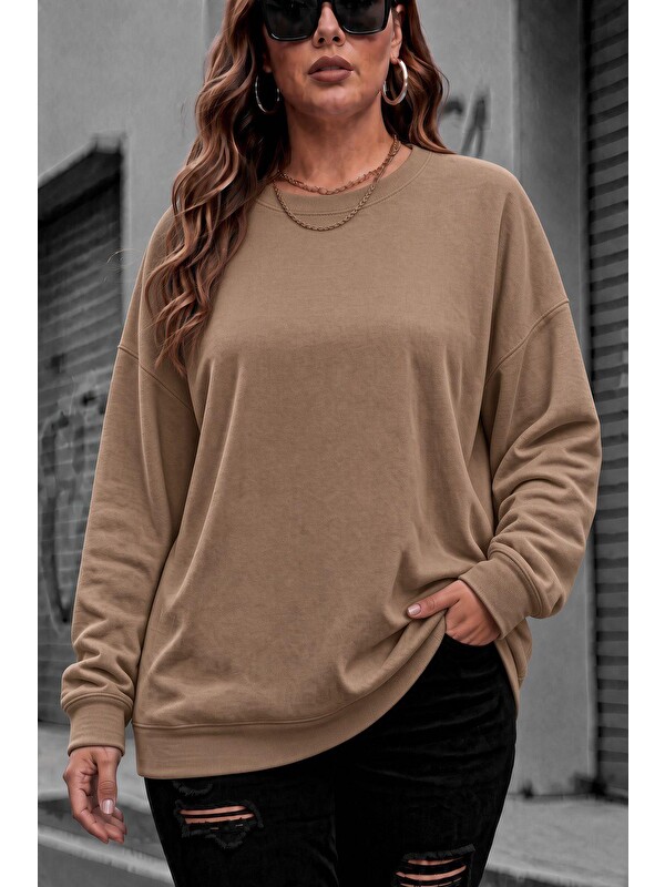 Oksit Uly Kadın Büyük Beden Battal Basic Bisiklet Yaka İki İplik Pamuklu Sweatshirt Rahat Kesim Unisex Sev