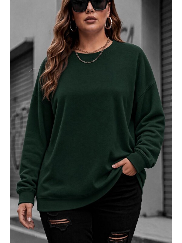 Oksit Uly Kadın Büyük Beden Battal Basic Bisiklet Yaka İki İplik Pamuklu Sweatshirt Rahat Kesim Unisex Sev