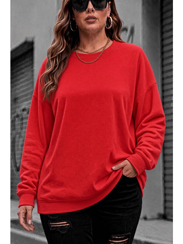 Oksit Uly Kadın Büyük Beden Battal Basic Bisiklet Yaka İki İplik Pamuklu Sweatshirt Rahat Kesim Unisex Sev