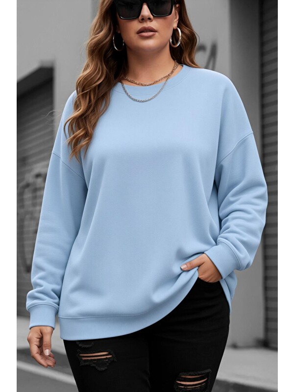 Oksit Uly Kadın Büyük Beden Battal Basic Bisiklet Yaka İki İplik Pamuklu Sweatshirt Rahat Kesim Unisex Sev