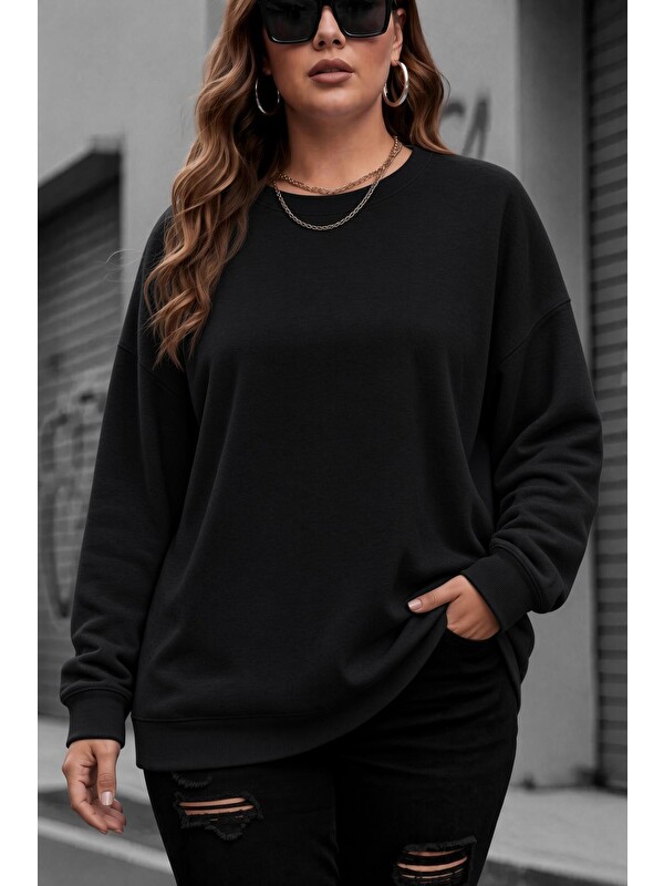 Oksit Uly Kadın Büyük Beden Battal Basic Bisiklet Yaka İki İplik Pamuklu Sweatshirt Rahat Kesim Unisex Sev