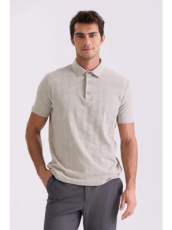 JAKAMEN Bej Slim Fit Desenli Polo Yaka T-Shirt