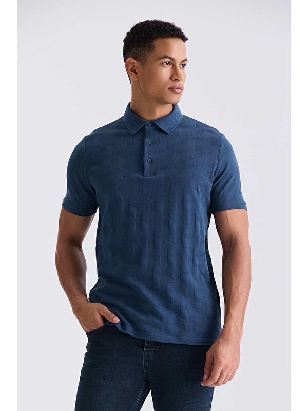 JAKAMEN Lacivert Slim Fit Desenli Polo Yaka T-Shirt